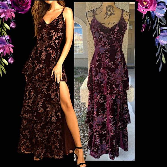 LuLus Plum Purple Floral Burnout Velvet Tiered I Love You Maxi Dres Size: L - Picture 2 of 11